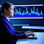 A professional businesswoman, fully clothed in a modest business suit, seated at a sleek modern desk. She is looking contemplatively at a laptop screen which displays abstract data streams and glowing digital footprints. Subtle, illuminated lines representing data pathways flow around her and from her devices, merging into an intricate digital network in the background. The environment is a sophisticated, clean office space with cool blue and purple ambient lighting. High-resolution digital art, professional photography style, perfect anatomy, correct proportions, natural pose, well-formed hands, proper finger count, natural body proportions. Safe for work, appropriate content, fully clothed, professional dress, family-friendly.