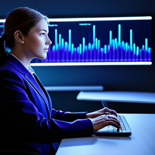 Home 4 A professional businesswoman, fully clothed in a modest business suit, seated at a sleek modern desk. She is looking contemplatively at a laptop screen which displays abstract data streams and glowing digital footprints. Subtle, illuminated lines representing data pathways flow around her and from her devices, merging into an intricate digital network in the background. The environment is a sophisticated, clean office space with cool blue and purple ambient lighting. High-resolution digital art, professional photography style, perfect anatomy, correct proportions, natural pose, well-formed hands, proper finger count, natural body proportions. Safe for work, appropriate content, fully clothed, professional dress, family-friendly.