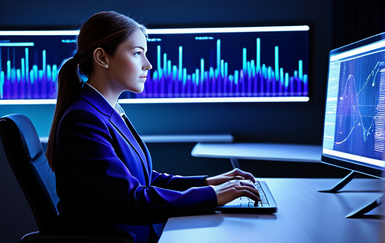 A professional businesswoman, fully clothed in a modest business suit, seated at a sleek modern desk. She is looking contemplatively at a laptop screen which displays abstract data streams and glowing digital footprints. Subtle, illuminated lines representing data pathways flow around her and from her devices, merging into an intricate digital network in the background. The environment is a sophisticated, clean office space with cool blue and purple ambient lighting. High-resolution digital art, professional photography style, perfect anatomy, correct proportions, natural pose, well-formed hands, proper finger count, natural body proportions. Safe for work, appropriate content, fully clothed, professional dress, family-friendly.